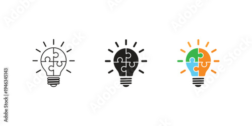 Minimal line icons, light bulb split into puzzle pieces, representing innovation, problem solving, solutions, critical thinking, creative ideas concept.