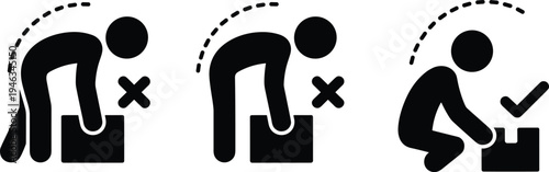 Safe lifting technique icon set correct squatting posture for lifting box workplace ergonomics safety instruction symbol vector illustration isolated