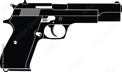Black handgun pistol silhouette side view isolated vector illustration representing firearm weapon, security defense concept, tactical gun design, protection symbol on neutral background