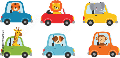 Cute cartoon animals driving colorful cars including tiger, lion, elephant, giraffe, dog and monkey playful kids transportation vector illustration isolated on background