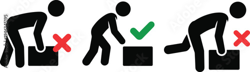Proper and improper lifting technique safety instruction icons correct posture for lifting box workplace ergonomics warning symbol vector illustration set