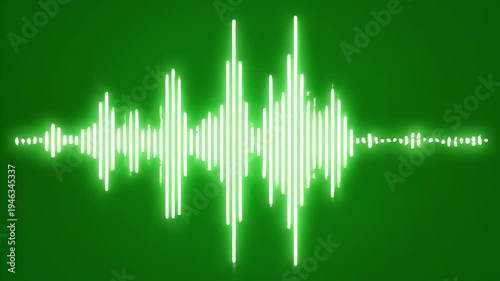 Neon Audio Waveform on Green - A vibrant audio waveform is depicted in bright white neon, contrasting sharply against a solid green background.