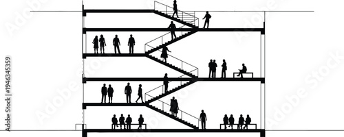 Office building cross section silhouette with people walking stairs, workplace interior floors, corporate architecture cutaway vector illustration showing employees inside modern business building