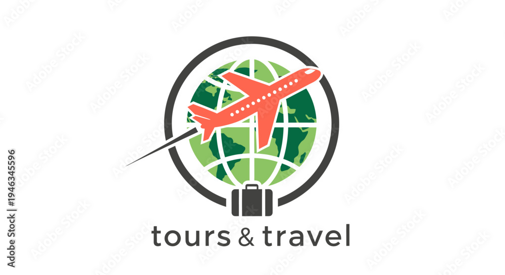 Obraz premium Tours and Travel Logo with Airplane and Globe.