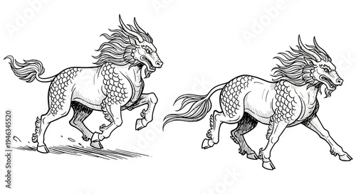 Two Mythical Qilin Creatures Running with Majestic Details