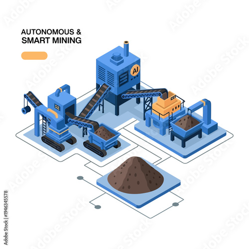 Illustration of an autonomous and smart mining operation with automated machinery and AI integration for efficient resource extraction and processing.