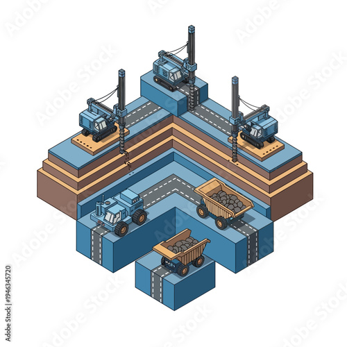 Isometric illustration of an open-pit coal mine with excavators and dump trucks operating on tiered levels.