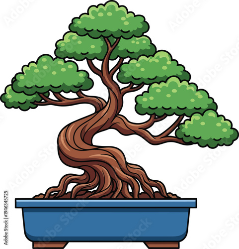 Bonsai Tree in Blue Planter Cartoon