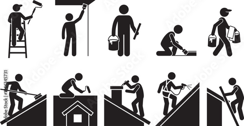 Construction worker painter handyman icons, house renovation roofing painting repair service silhouette set vector isolated collection