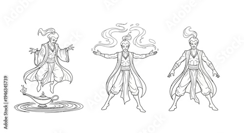 Set of Drawings Depicting a Genie in Various Poses