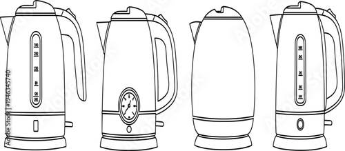 Electric kettle outline collection, modern kitchen appliance line art set, flat vector illustration isolated on white background