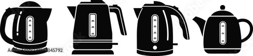 Electric kettle silhouette collection, modern kitchen appliance icons, flat vector style isolated on white background for home use