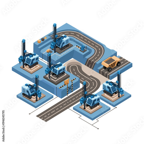 Isometric illustration of an automated mining operation with autonomous vehicles and drilling machinery on a blue platform, showcasing advanced technology in resource extraction.
