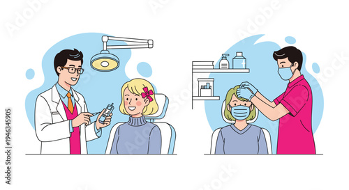 Collection of scenes showing medical professionals providing healthcare services including a dentist and a doctor examining a patient.