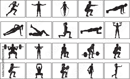 Fitness exercise silhouette set, gym workout collection with running jumping squats pushups weightlifting training vector