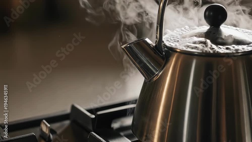Stainless Steel Kettle Boiling Water on a Gas Stove Top.