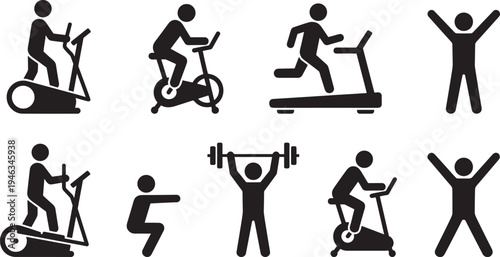 Fitness gym workout silhouettes set, treadmill cycling weightlifting exercise training healthy lifestyle sport vector icons