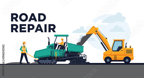 Heavy construction machinery and workers are engaged in road repair and asphalt paving on a city street project.