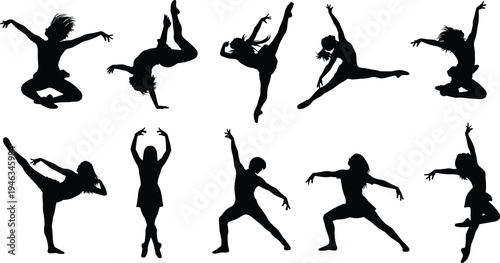 Female dancer silhouette collection, modern ballet and contemporary dance poses, black flat vector illustration isolated on white background
