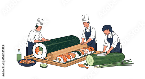 Professional chefs are working together to roll and prepare giant sushi pieces with fresh ingredients in a kitchen.
