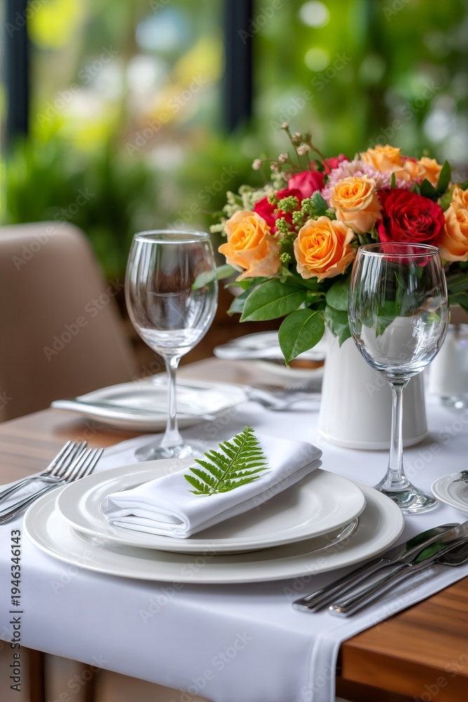 Fototapeta premium Restaurant table setting with flowers welcoming guests