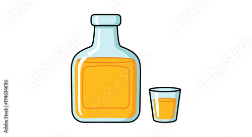 Whiskey bottle and shot glass illustration, vector style graphic, for drinks and bar concepts