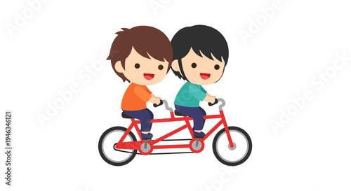 Two Boys on Tandem Bicycle Vector Illustration, Friendship Concept, Cartoon Style