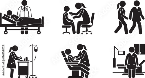 Healthcare medical worker silhouettes set, doctor nurse patient treatment hospital clinic examination medicine vector icons