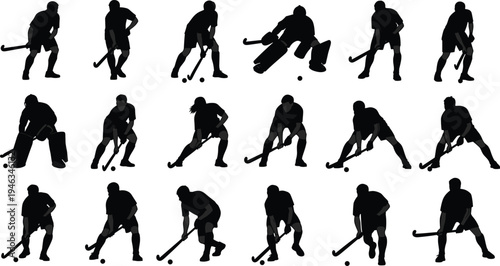 Field Hockey Player Silhouette Set, Athlete Action Poses, Team Sport Graphics, Goalkeeper Defense, Player With Stick, Competition Illustration, Cad Drawing Flat Vector Illustration