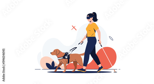 Blind woman wearing dark glasses uses a cane and a guide dog for assistance while walking in an abstract park.