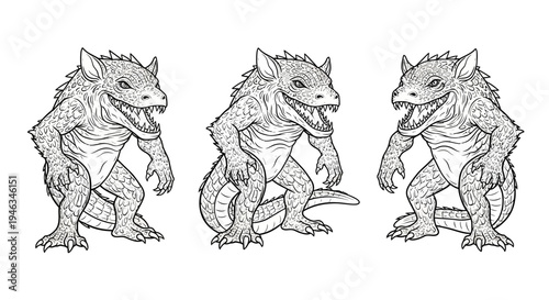 Three Anthropomorphic Lizard Creatures with Open Mouths