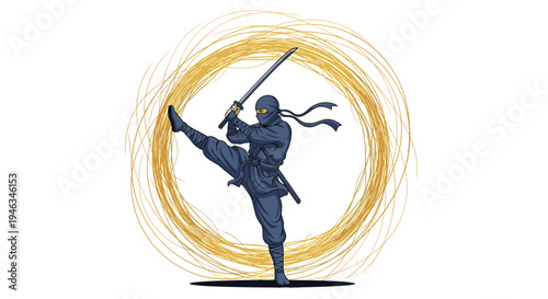 Skilled ninja warrior in a blue suit performs a dynamic kick while holding a katana sword against a golden circle.