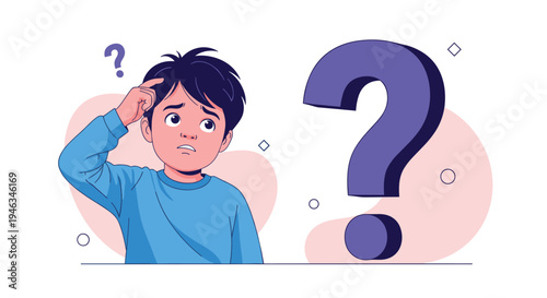Young boy looks confused and scratches his head while standing next to a large purple question mark symbol.
