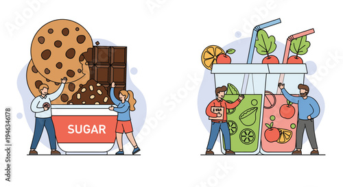 Tiny people are interacting with giant cookies, chocolate, and sugary drinks to illustrate the concept of high sugar intake.