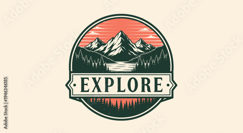 Vintage Explore Mountains Landscape Emblem Design.