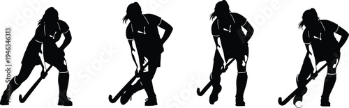 Field hockey player silhouettes dribbling ball set, women sport action poses black flat vector illustration isolated background