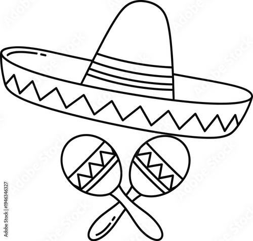 A traditional mexican sombrero with a wide brim and two crossed maracas form a festive cultural illustration perfect for party invitations.