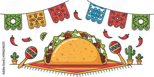 Vibrant flat illustration featuring a delicious hard-shell taco, chili peppers, maracas, and festive papel picado banners, perfect for a celebration.