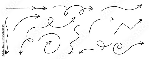 Wobbly Arrow Line Set. Pencil Crayon Arrows Direction Kit. Fun Sketch Brush Thin Stroke Arrow Marker Collection. Handdrawn Vector Illustration