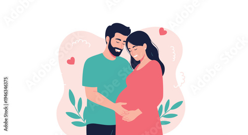 Happy pregnant couple is standing together while the man tenderly places his hand on the woman's belly.