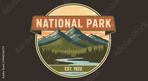Vintage National Park Emblem with Mountains and River.
