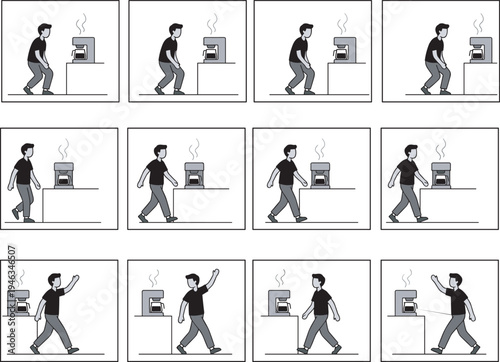 Man walking to coffee machine animation sprite sheet, character movement frames cartoon vector illustration