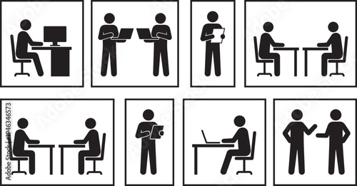 Office business people silhouette icons set, employees working computer meeting discussion workplace activity vector collection