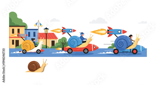 Several snails are racing along a city street using powerful rocket engines attached to their colorful shells.