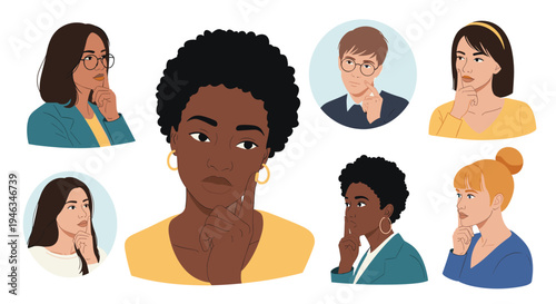 Diverse group of people are shown in pensive poses with their hands on their chins as they think and contemplate.