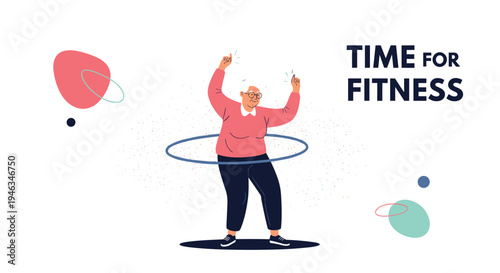 Active senior woman is exercising with a hula hoop and smiling in a dynamic fitness illustration with text.