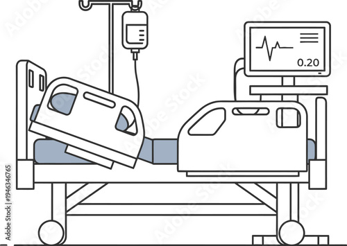 Modern hospital bed with an intravenous drip and vital signs monitor representing healthcare technology, patient care, and medical treatment facilities.