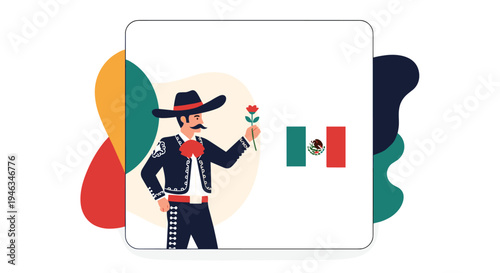 Traditional mexican man wearing a charro outfit and a sombrero is holding a red rose next to the national flag.