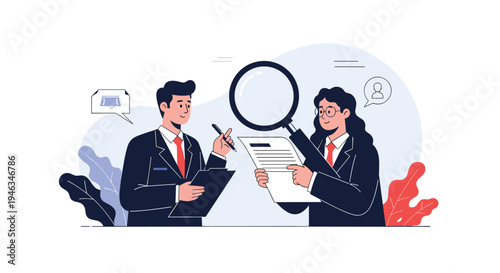 HR professionals are using a large magnifying glass to carefully review a candidate resume and job application documents.