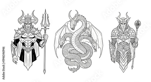 Mythical Fantasy Characters and Dragon on White